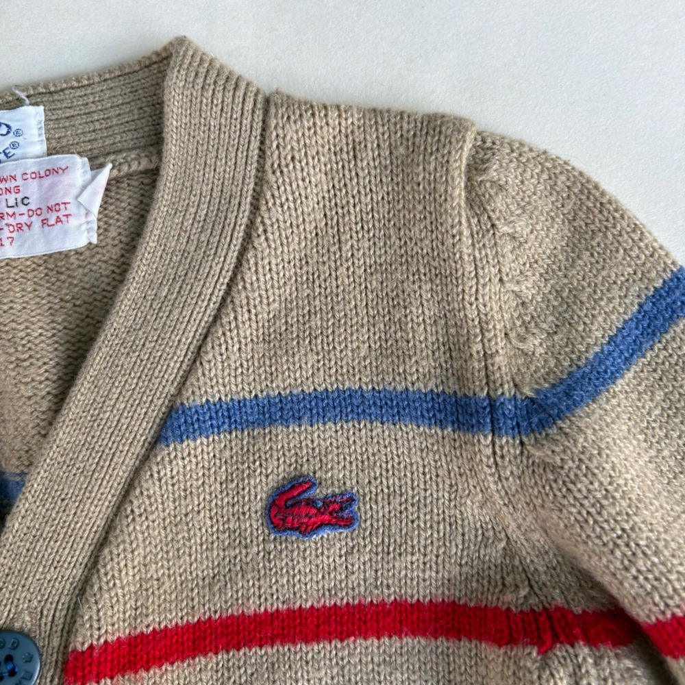 Vintage Izod Lacoste Toddler 3T Striped Cardigan Sweater Tan Blue Red Acrylic - Picture 4 of 6